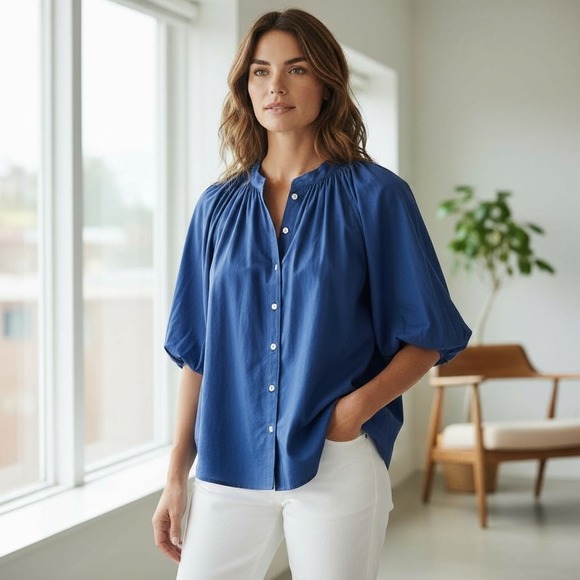Madewell Tops - Madewell Shirred Balloon-Sleeve Top Button Front Blouse Navy Blue Size Large